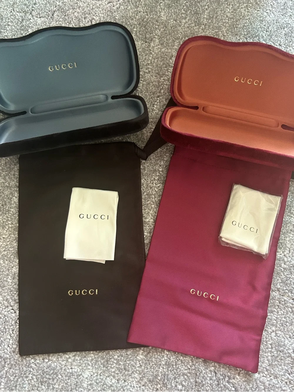 Gucci Velvet Eyewear Cases with Drawstring Pouches - Black & Burgundy